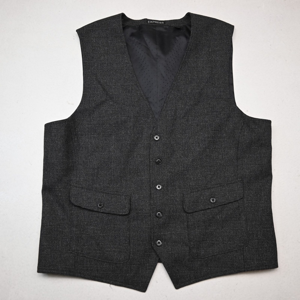 Express XL Gray Glenn Check Wool Tweed Formal Wedding Prom Suit Waistcoat Vest